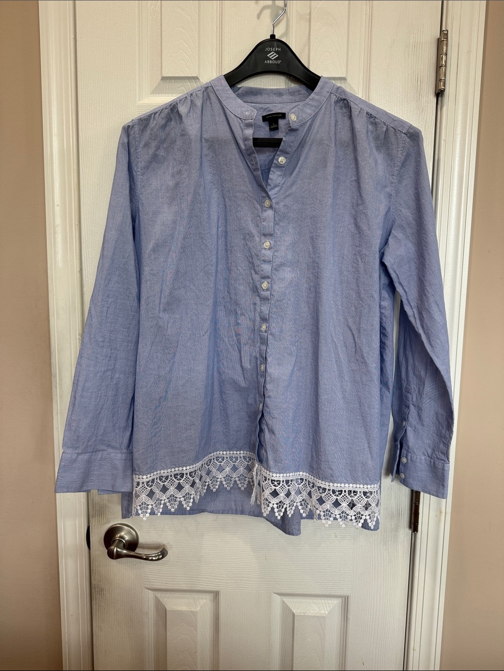 Ann Taylor Light Blue Button-Front Lace Hem Blouse